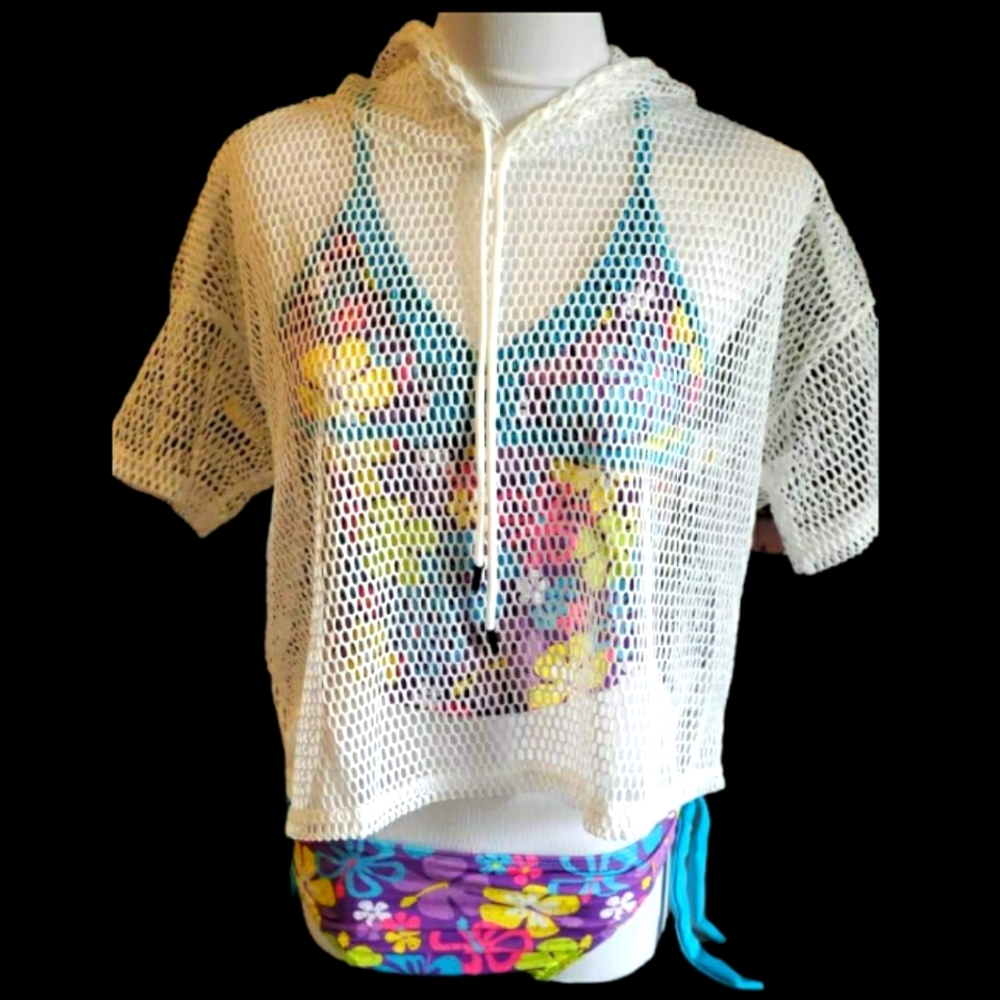 Women Cover-up Hooded White Top, Size L NWOT